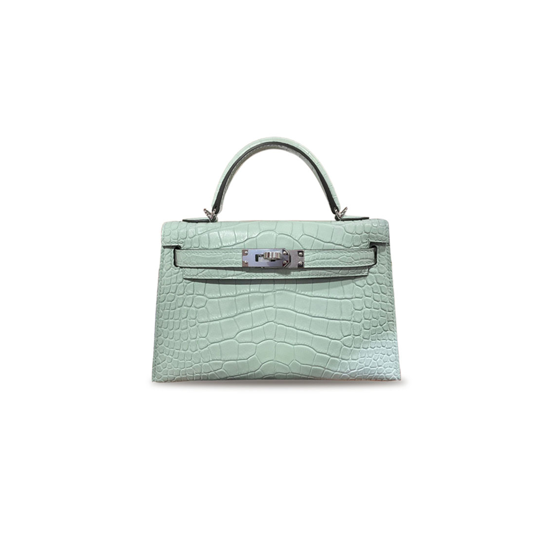 HERMÈS MASTER MINI KELLY II MATTE CROCODILE LEATHER MINT GREEN SILVER BUCKLE (19*12*5.5cm) 